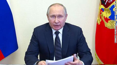 In this photo taken from video released by the Russian Presidential Press Service, Russian President Vladimir Putin speaks during a meeting on measures of socio-economic support of the regions via videoconference at the Novo-Ogaryovo residence outside Moscow, Russia, Wednesday, March 16, 2022. (Russian Presidential Press Service via AP)