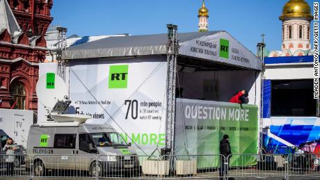 An RT broadcast tent is seen on Red Square in Moscow on March 18, 2018.