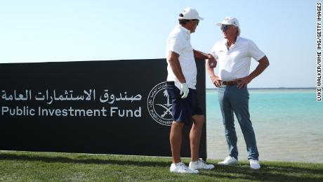 Phil Mickelson and Norman speak during a training tour ahead of PIF Saudi International.
