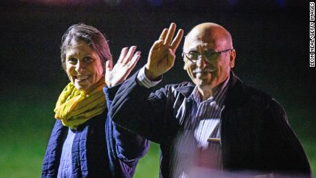 Nazanin Zaghari-Ratcliffe, left, and Anoosheh Ashoori, who were freed from Iran, wave after landing at RAF Brize Norton in England on March 17, 2022.