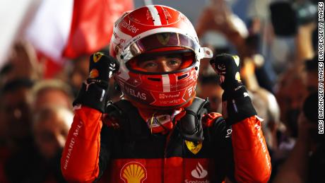 Race winner Charles Leclerc celebrates at the Bahrain International Circuit on March 20, 2022,
