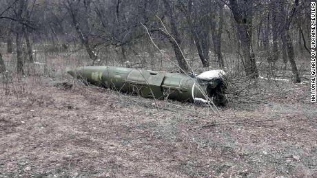Ukrainian authorities have released this photo of what they say is an unexploded hypersonic missile in Kramatorsk, Ukraine. 