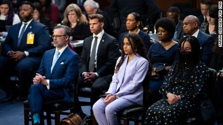 Judge Ketanji Brown Jackson's husband, Patrick Jackson, and children, Leila Jackson and Talia Jackson, sit in the audience at Jackson's Senate Judiciary Committee confirmation hearing in the U.S. Supreme Court on Capitol Hill in Washington, D.C. on March 21, 2022. 