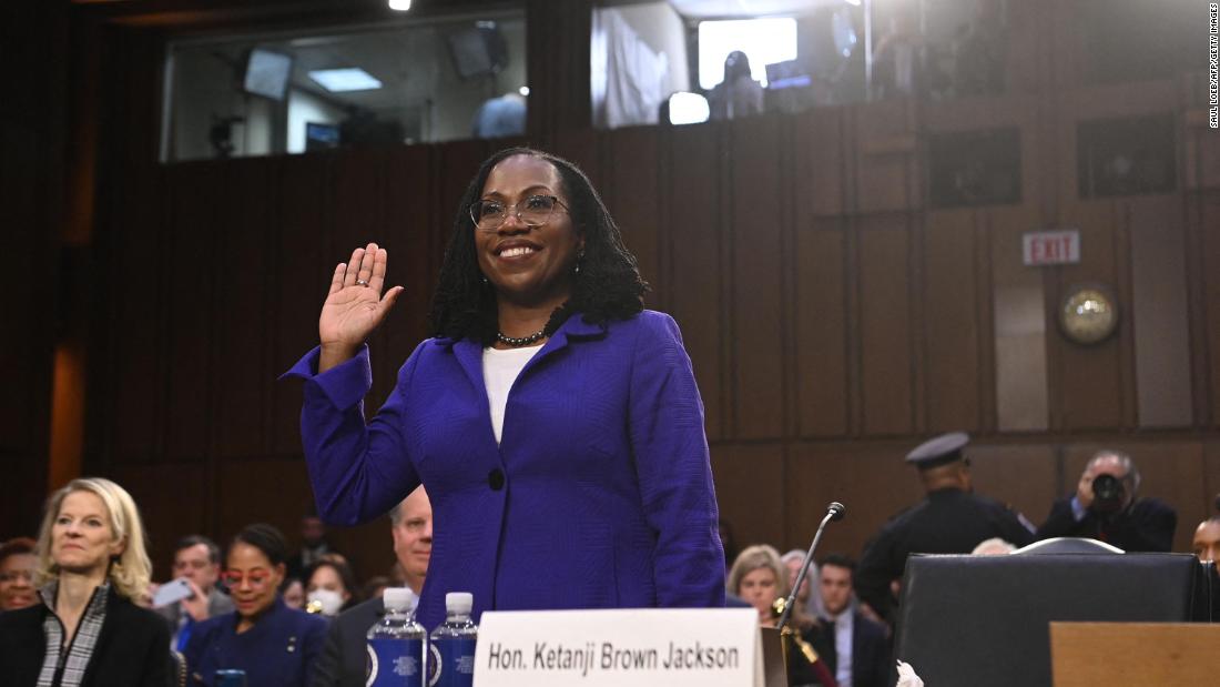 Jackson is sworn in prior to &lt;a href=&quot;https://www.cnn.com/2022/03/21/politics/gallery/ketanji-brown-jackson-confirmation-hearings/index.html&quot; target=&quot;_blank&quot;&gt;her confirmation hearings&lt;/a&gt; in March 2022. Throughout her hearings, Jackson defended her experience and credentials as she faced criticisms from Republican senators on her judicial philosophy and legal record.
