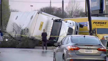 High winds blew over a truck near Round Rock on Monday.