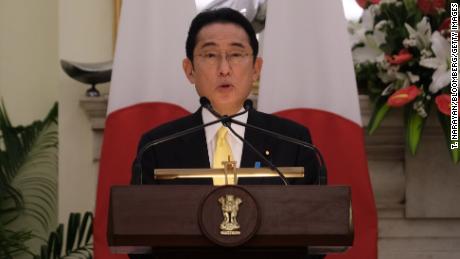 Japan&#39;s Prime Minister Fumio Kishida at a news conference in New Delhi, India, on March 19.