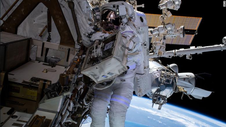 NASA astronaut Raja Chari is pictured during his spacewalk on March 15.