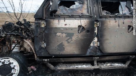 A burned-out Russian combat vehicle, the letter Z emblazoned on its door, east of Mykolaiv city on March 10.