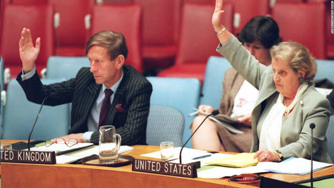 Albright, as the US ambassador to the United Nations, casts a vote in 1993. She was confirmed shortly after the election of President Bill Clinton, who she also advised during his campaign.