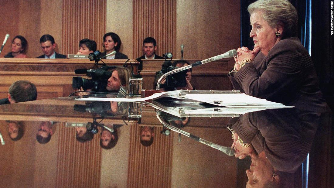 Albright testifies before the Senate Foreign Relations Committee in 1999. The committee was conducting hearings on the Comprehensive Nuclear Test Ban Treaty that the Senate would be voting on.