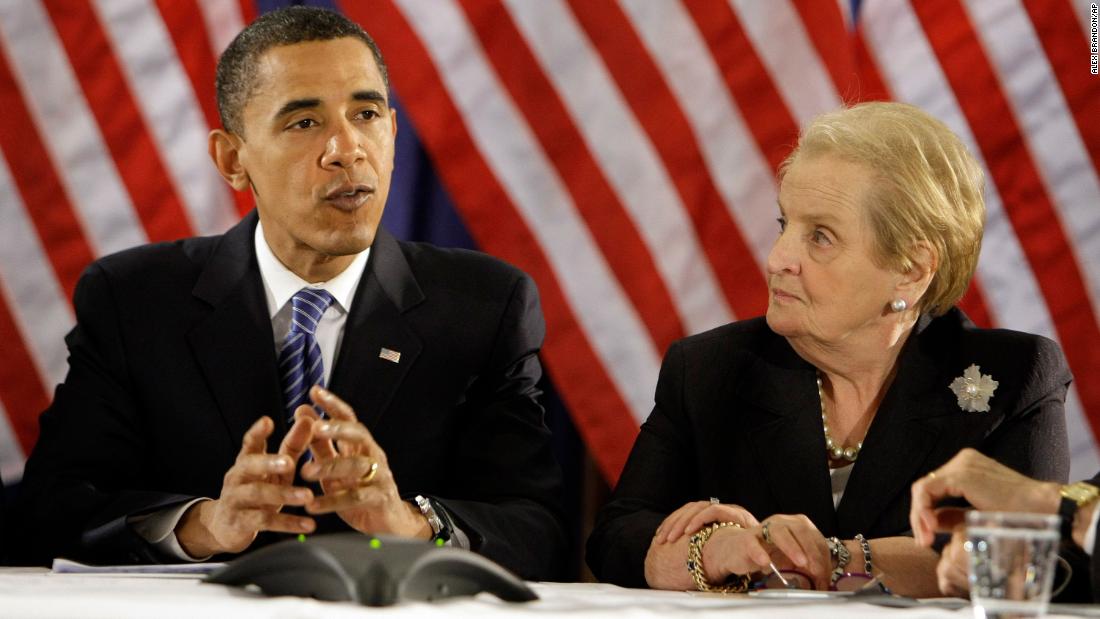 Albright and presidential candidate Barack Obama attend a roundtable discussion on foreign affairs in 2008.