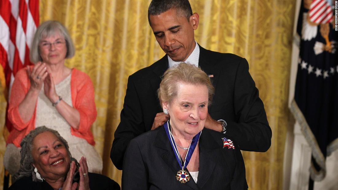 Obama presents Albright with the Presidential Medal of Freedom in 2012. &quot;As the first woman to serve as America&#39;s top diplomat, Madeleine&#39;s courage and toughness helped bring peace to the Balkans and paved the way for progress in some of the most unstable corners of the world,&quot; Obama said in his remarks.