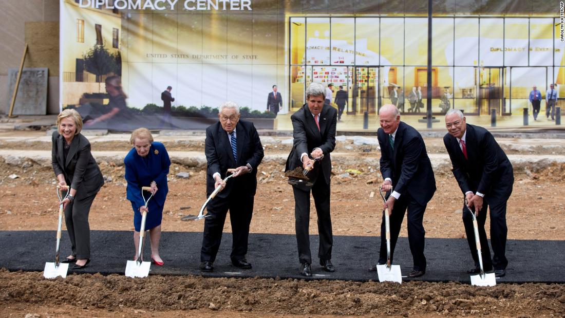 Albright, second from left, joins other secretaries of state at the groundbreaking ceremony for the US Diplomacy Center in 2014. From left are Hillary Clinton, Albright, Henry Kissinger, John Kerry, James Baker and Colin Powell.