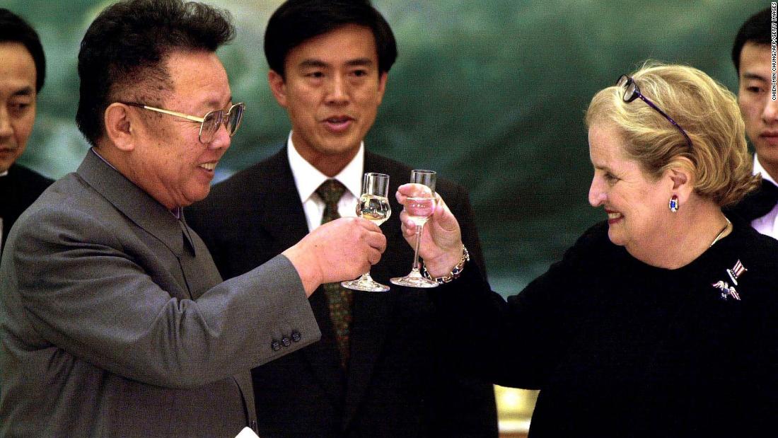Albright shares a toast with North Korean leader Kim Jong Il at a dinner in Pyongyang, North Korea, in 2000. Albright left office in 2001 after President Clinton&#39;s second term ended.