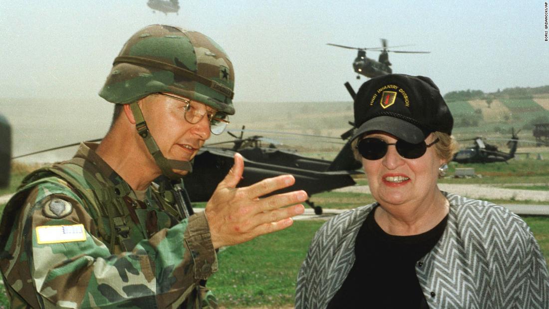 Albright talks to US Brig. Gen. John Craddock, commander of the US troops that would be taking part in the Kosovo implementation force in 1999. Albright was crucial in pushing President Clinton to intervene in Kosovo to prevent a genocide against ethnic Muslims by former Serbian leader Slobodan Milosevic.