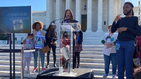 Samiya Williams reads a letter to Judge Jackson in front of the Supreme Court ahead of hearings on Monday, March 21, 2022.