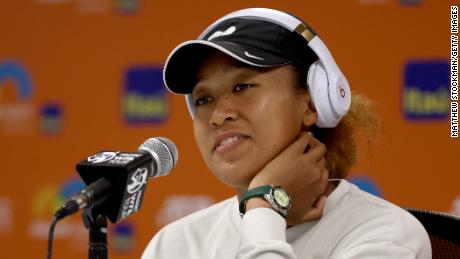 Osaka asks media questions at a press conference during the Miami Open at Hard Rock Stadium on March 23, 2022, in Miami Gardens, Florida.