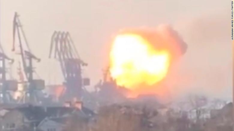 A screen grab of a video shared on social media of the Berdyansk port fire.
