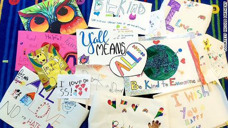 Posters Nicole Matheny&#39;s kindergarten students created for a parade during Austin ISD&#39;s Pride Week.