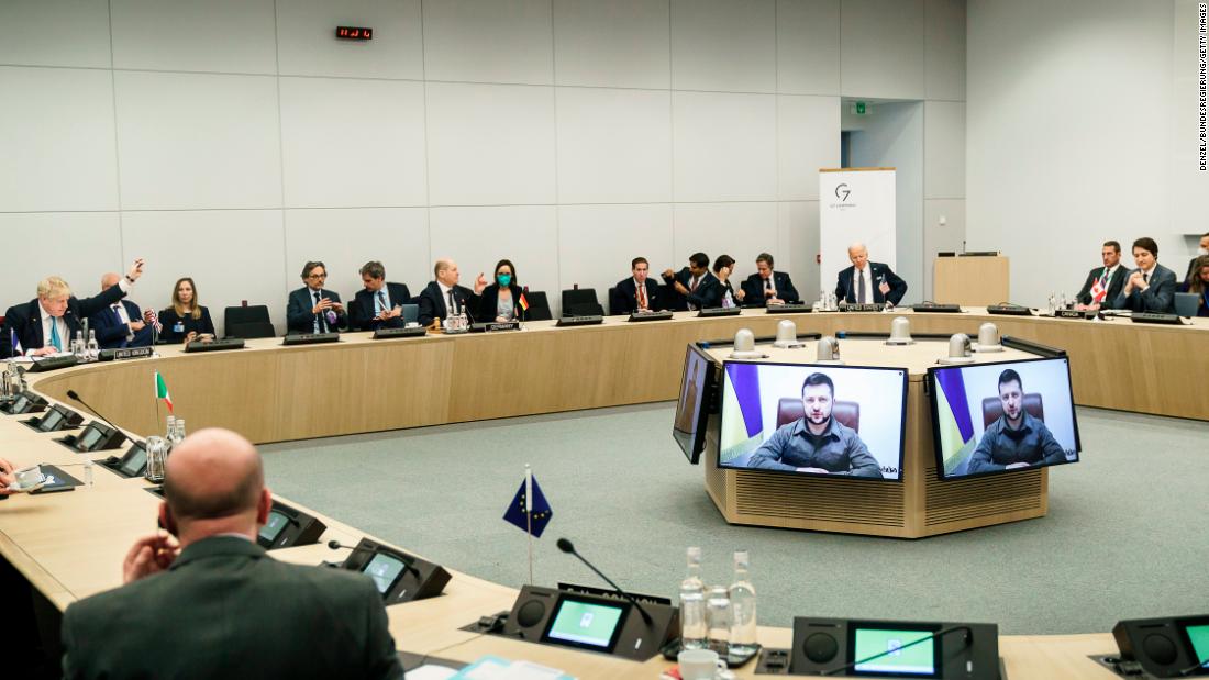 Ukrainian President Volodymyr Zelensky addresses world leaders via video at the NATO summit in Brussels, Belgium, on Thursday, March 24. Zelensky stopped short of issuing his usual request for a no-fly zone, but he did say Ukraine needs fighter jets, tanks and better air defenses.