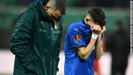 Jorginho reacts after Italy loses to North Macedonia in their 2022 World Cup qualifier playoff semifinal match. 