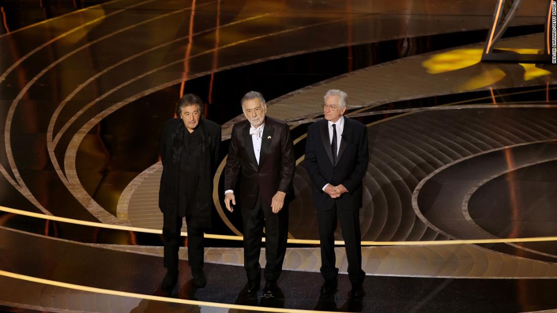 From left, Al Pacino, Francis Ford Coppola and Robert De Niro appear on stage for the 50th anniversary of the movie &quot;The Godfather.&quot;