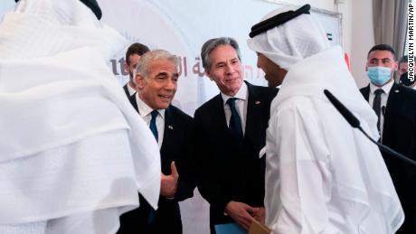 Israeli Foreign Minister Yair Lapid (center left) and US Secretary of State Antony Blinken (center right) speak with Bahraini Foreign Minister Abdullatif bin Rashid al-Zayani (right) and Foreign Minister of UAE Sheikh Abdullah bin Zayed Al Nahyan at the Negev summit on Monday.