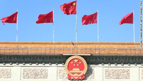 Chinese flags on top of the Great Hall of the People in Beijing, China, on March 5.