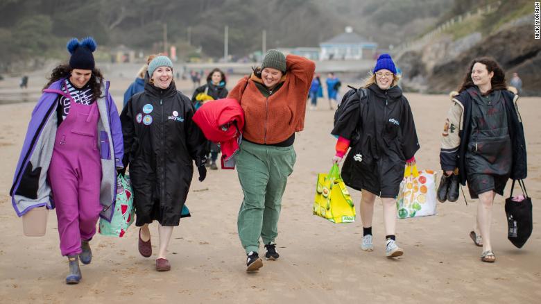 A New Year&#39;s Day swim meet with Mental Health Swims at Caswell Bay in Swansea, Wales. 
