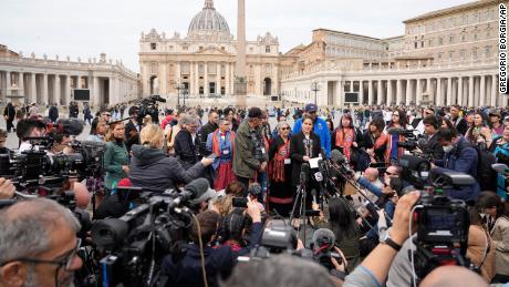 Cassidy Caron, President of the National Council of Métis, and other members of the indigenous delegation spoke to reporters in St. Peter's Square after their meeting with Pope Francis.