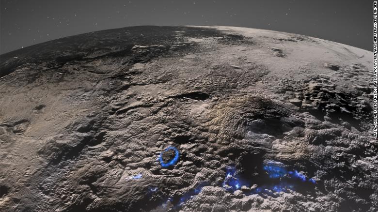 Pluto&#39;s icy volcanic region can be seen in this image taken by NASA&#39;s New Horizons spacecraft. The blue markings show how past volcanic processes may have occurred.