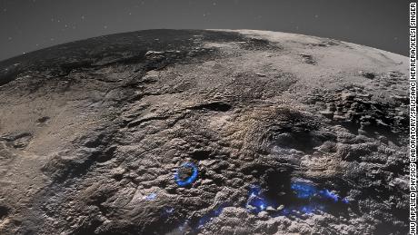 Pluto&#39;s icy volcanic region can be seen in this image taken by NASA&#39;s New Horizons spacecraft. The blue markings show how past volcanic processes may have occurred.