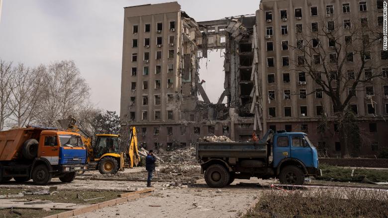 The regional government headquarters of Mykolaiv, Ukraine, is damaged <a href="https://www.cnn.com/europe/live-news/ukraine-russia-putin-news-03-29-22/h_b52e4de2ba95f5ad51832231788e413f" target="_blank">following a Russian attack</a> on Tuesday, March 29. At least nine people were killed, according to the Mykolaiv regional media office's Telegram channel.