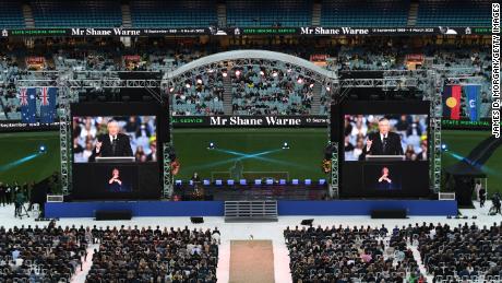 Master of Ceremonies Eddie McGuire speaks at the beginning of the state memorial service for former Australian cricketer Shane Warne at the Melbourne Cricket Ground on March 30.