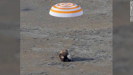 The Soyuz MS-19 spacecraft is seen as it lands in a remote area near the town of Zhezkazgan, Kazakhstan with Mark Vande Hey of NASA, and Russian Cosmonauts Pyotr Dubrov, and Anton Shkaplerov Wednesday, March 30.