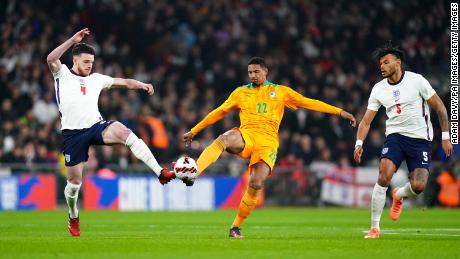 England&#39;s Declan Rice (left) and Ivory Coast&#39;s Sebastien Haller battle for the ball during a friendly match at Wembley Stadium.
