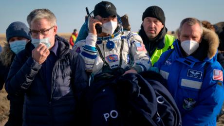 NASA astronaut Mark Vande Hei is carried to a medical tent shortly after he and fellow crew mates Pyotr Dubrov and Anton Shkaplerov of Roscosmos landed in their Soyuz MS-19 spacecraft near the town of Zhezkazgan on March 30, 2022 in Zhezkazgan, Kazakhstan.