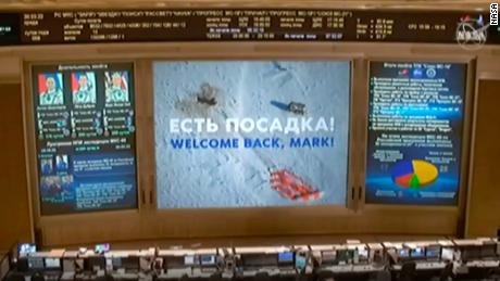 Russian mission control displayed a welcome message for Mark Vande Hei.