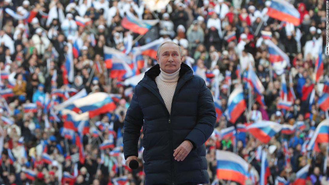 Russian President Vladimir Putin speaks at a celebration marking the eighth anniversary of Russia&#39;s annexation of Crimea at the Luzhniki stadium in Moscow on March 18, 2022. 