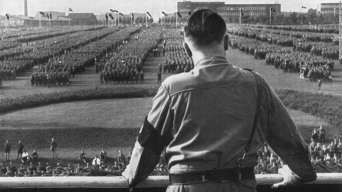 German leader Adolf Hitler addresses soldiers at a Nazi rally in Dortmund, Germany.   