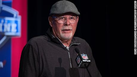 Bruce Arians, seen here during the NFL Scouting Combine on March 1, is stepping down as head coach of the Tampa Bay Buccaneers, the team announced.