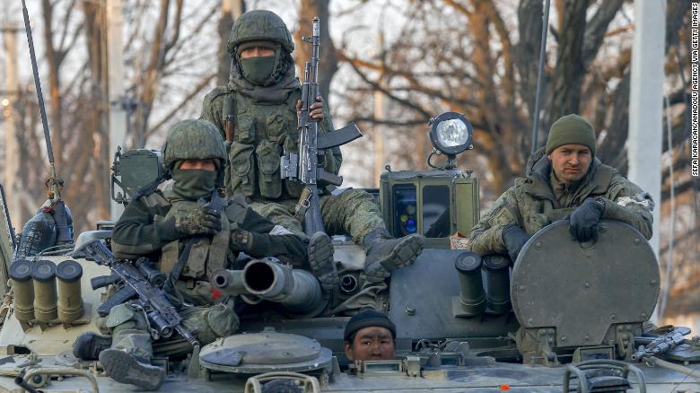 Russian soldiers seen on a tank in the separatist-controlled Volnovakha district of Donetsk, eastern Ukraine, on March 26. 