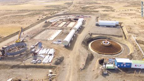 An aerial view of the construction site, including the foundations of its wind turbines.