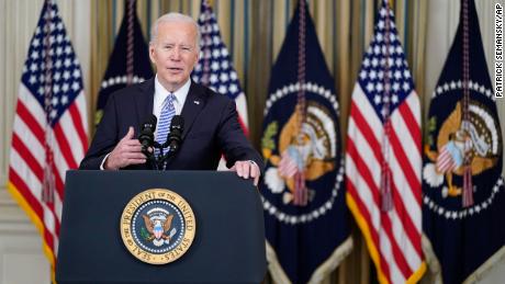 President Joe Biden seen speaking in the State Dining Room of the White House, Friday, April 1, 2022. 