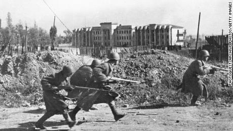 Soviet soldiers fighting in the streets of  Stalingrad in  October 1942.