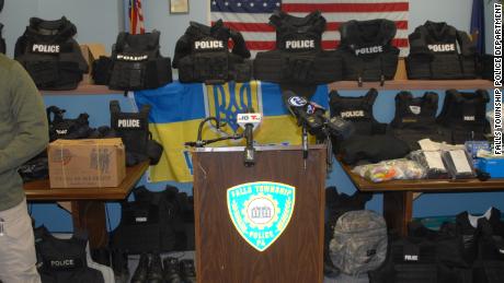 Protective vests donated to Ukraine as part of the Falls Township Police Department&#39;s &#39;Operation Urgent Aid.&#39; 