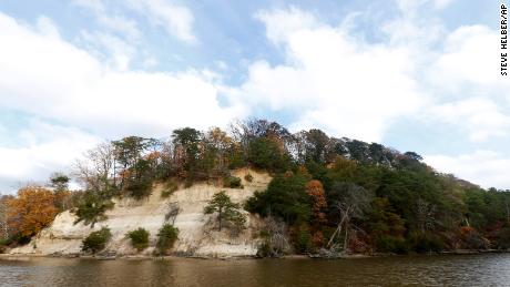 Fones Cliff, the ancestral home of the Rappahannock Tribe, hang over the shoreline of the Rappahannock River in Richmond County, Virginia.