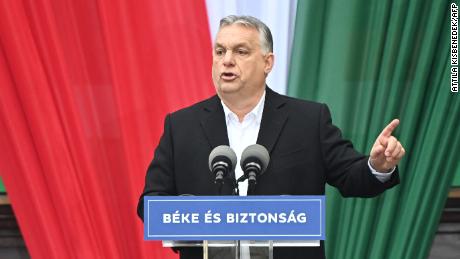 Hungarian Prime Minister Viktor Orban speaks on stage during the closing campaign session of the FIDESZ party, in Szekesfehervar, Hungary on April 1, 2022. - Hungary&#39;s Prime Minister Viktor Orban, who is standing for a fourth term on April 3, 2022, has alarmed critics at home and abroad with crackdowns on civil liberties and fierce rhetoric. (Photo by Attila KISBENEDEK / AFP) (Photo by ATTILA KISBENEDEK/AFP via Getty Images)