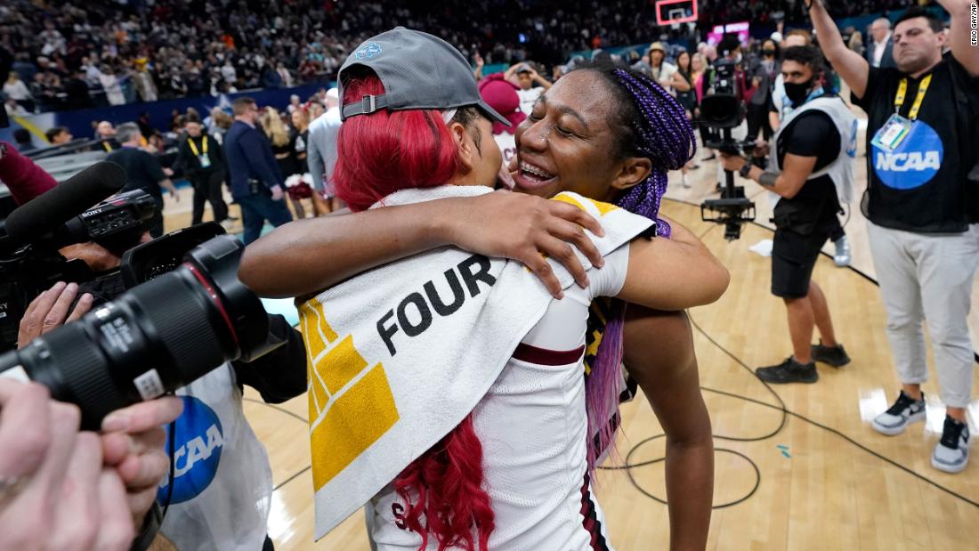 South Carolina&#39;s Aliyah Boston, right, celebrates with teammate Victaria Saxton after the Gamecocks defeated UConn in the national championship game on Sunday, April 3.