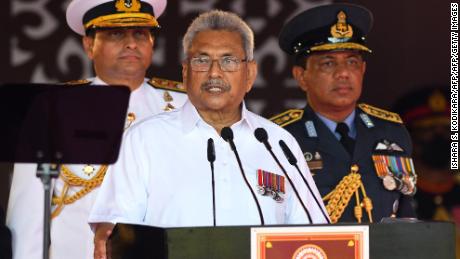 Sri Lanka's President Gotabaya Rajapaksa (center) addresses the nation in Colombo on February 4.